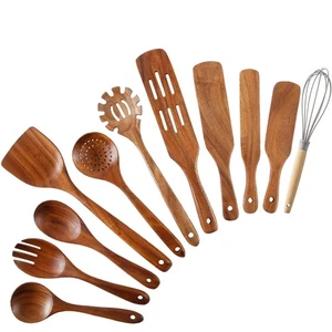 Wooden Spoons for Cooking, 11Pcs Wooden Kitchen Utensil Set, Natural Teak Woo... - Picture 1 of 8