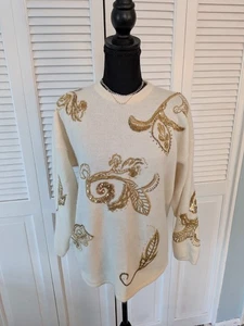 Suéter De Colección Años 80 Enid Amrox Para Mujer L Crema Dorado Cuentas Lana Angora Adornado  - Imagen 1 de 13