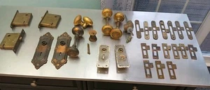 Vintage Antique Door Knobs Set Lot Brass Bronze Strike Plates Victorian As Is - Picture 1 of 12