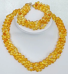 Natural Baltic Amber Round Bead Beaded Golden Color Tennis Bracelet Necklace 琥珀 - Picture 1 of 7
