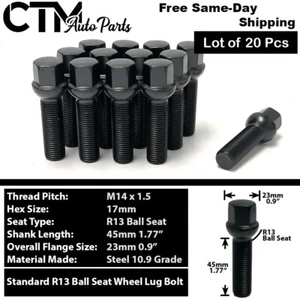20x Black 14x1.5 Ball Seat Wheel Lug Bolts 45mm Shank Fit Mercedes Stock Wheels - Picture 1 of 6