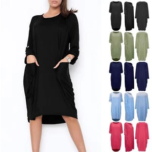 Women Ladies Side Pockets Fleece Baggy High Low Turn Up Sleeve Sweatshirt Dress - Picture 1 of 16