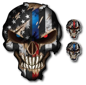 3x Thin Blue Red Line Skull American Flag Sticker Vinyl Decal Car Truck - Picture 1 of 3