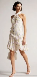 Ted Baker Twist Neck Frill Detail Mini Dress Pastel Size 3 UK 12 New - Picture 1 of 8