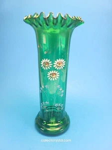 VTG 1900's Moser Green Hand-Blown Glass Vase Ruffle Rim Hand Painted Flowers - Picture 1 of 4