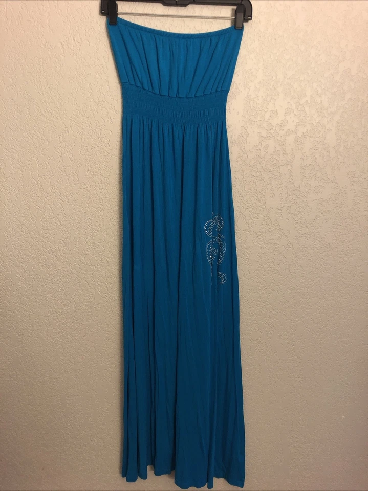 Maxi Vestido Y2k Medio Teal Tubo Top Bandeau Estrás Flor De Lis De Colección Foto 1 de 4