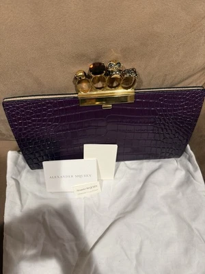 Alexander McQueen Burgundy Croc Embossed Leather Bejeweled Skull Knuckle Clutch - Image 1 of 4