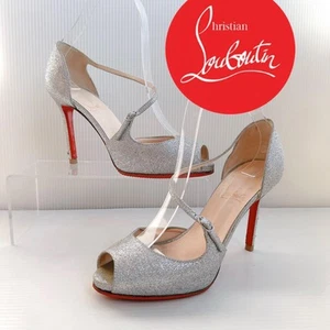 6.5US 36.5EU Louboutin Glitter Strap Pumps Open Toe From Japan Heel Heels - Imagen 1 de 11