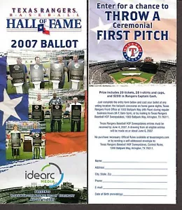 2007 IDEARC ALL TIME TEXAS RANGERS HALL OF FAME STIMMZETTEL ungestanzt - Bild 1 von 1