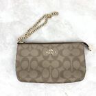 Coach Women Small Wristlet Brown Signature C's Leather Wallet Purse Gold Chain