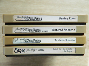 4 Used Sizzix Tim Holtz Alterations Dies~Sewing Room~Tattered Leaves~Pinecone