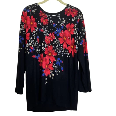 Винтажный Cathy Daniels женщин легкий свитер большой черный красный цветочный стразы - Изображение 1 из 4