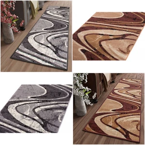 Teppichläufer Wohnzimmer Flur Kurzflor pflegeleicht grau braun Wellenmuster NEU - Bild 1 von 14