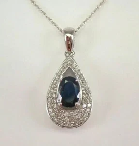 Oval Cut Simulated Blue Sapphire Stunning Teardrop Pendant 14K White Gold Plated - Picture 1 of 4