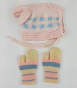 3pc Retro Vtg 1970’s 1980’s Little Hand Knit Kids Hat & Mitten Gloves Pink Blue - Picture 1 of 8