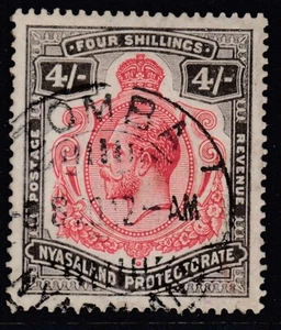 SG 95 Protettorato del Nyasaland 1913. 4/- carminio e nero. GATTO usato molto bene 110€ - Foto 1 di 1