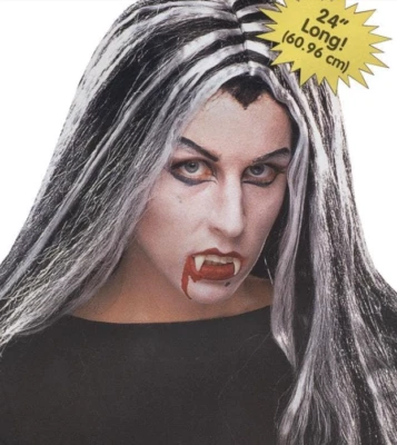 Vampiress Two-Toned Streaked Black & White Wig 24" Long Funworld - Image 1 of 2