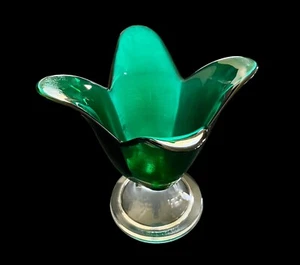 Vintage Studio Nova Green Art Glass Tulip Vase w/Clear Base Candy Dish 7” - Picture 1 of 5