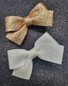 2 Hair Bow Gold White Clip Sparkle Toddler Girls Birthday Festival Christmas  - Picture 1 of 5