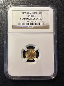 1945 MO Mexico Gold 2 Pesos NGC "GEM UNCIRCULATED" "Restrike" CERT# 2057043-020 - Picture 1 of 4
