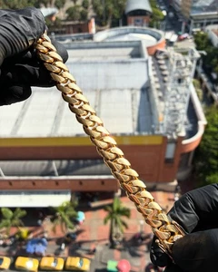 Brazalete de eslabones cubanos de oro amarillo de 18 quilates de 8 pulgadas y 14 mm estilo barra broche de diamante cultivado en laboratorio - Imagen 1 de 4