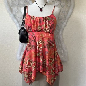 Babydoll Mesh Paisley Tank Top Handkerchief Hem L Indie Grunge Retro Hippie Boho - Picture 1 of 9