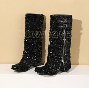 Glitter Sequin Clubwear Party Boots Womens Block Heel Pull on Knee High Boots Sz - Picture 1 of 23