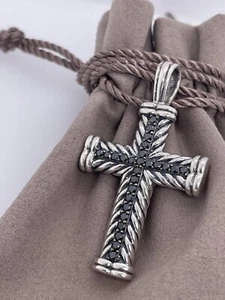 David Yurman 925 Sterling Silver Black Diamond Chevron Cross - Picture 1 of 6