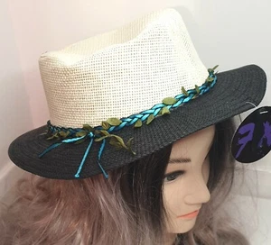 NUEVO Mujer Hombre Beige Negro Hoja detalle 100% Papel Fedora Boater Sombrero Talla 57 - Imagen 1 de 4