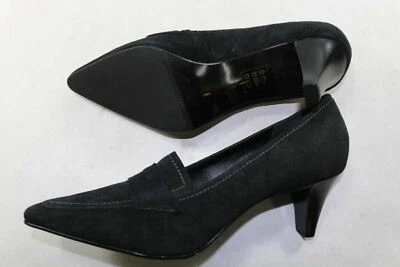 Bombas sociais femininas 9 B Lands End camurça preta meia alça clássica A038 - Imagem 1 de 3