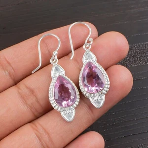 Morganite Gemstone Hook Earrings 925 Sterling Silver Stylish Handmade Jewelry - Picture 1 of 5
