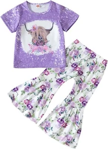 New Highland Cow Girls 5 Purple Short Sleeve Floral Bell Pants Outfit Set - Picture 1 of 3