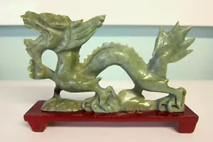 Chinese Green Jade Dragon Figurine Sculpture on Wooden Stand Plinth - Picture 1 of 6