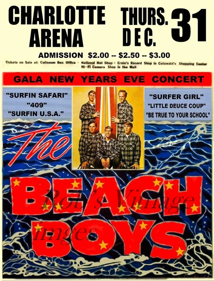 Beach Boys Concert Poster 1963 VintageRock & Roll Charlotte NC Concert 8X11