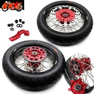 KKE 17'' Cush Drive Supermoto Wheels Tires For Honda 2000-2008 XR650R Red Hubs - Picture 1 of 13