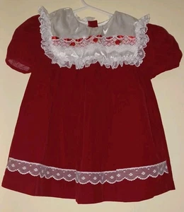 Vintage Weihnachtskleid rotes Samtkleid mit Satinkragen & Rosen Größe 24M - Bild 1 von 6