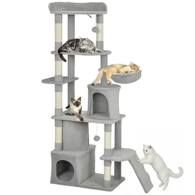 PawHut 170 cm Cat Tree, Large Cat Tower with 7 Scratching Posts, Light Grey