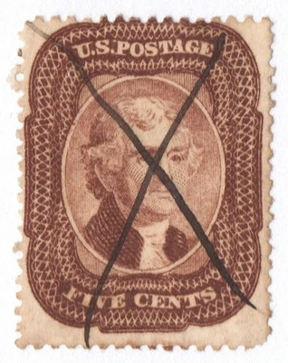 US Sc# 29 USED { TYPE I" 5c JEFFERSON } LIGHT X PEN CANCEL FROM 1859 CV$ 375.00 - Image 1 of 4