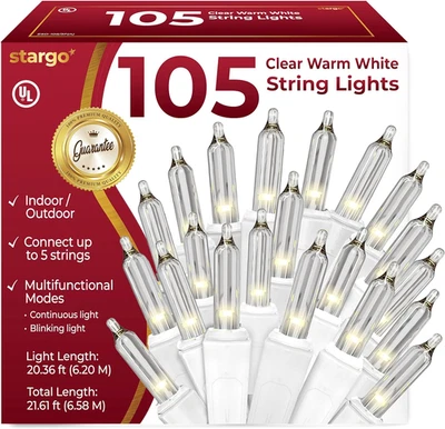 Clear Warm White Christmas Lights - 20 Ft String of 105 Incandescent Mini Multif - Image 1 of 4