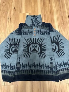 Ruminahui Otavalo Ecuador Wool Sweater Sun God Llama Design Gray Blue Large - Picture 1 of 5