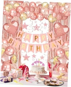 Happy Birthday Party Decorations, Happy Birthday Banner Foil Heart Rose Gold - Picture 1 of 7
