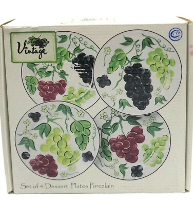 Juego de 4 platos de porcelana para ensalada de postre con patrón de uva I Godinger caja original Foto 1 de 4