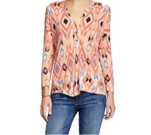 $49 NWT LUCKY BRAND WOMEN MULTICOLOR DIAMOND HENLEY LONG SLEEVE SHIRT SIZE S LBB - Picture 1 of 2