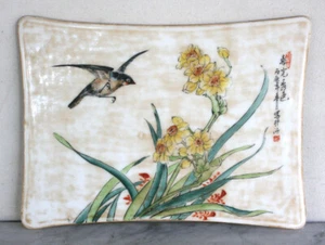 Chinese Hand Painted Sparrow Flower Porcelain Plaque Signed Brush Painting - Picture 1 of 11