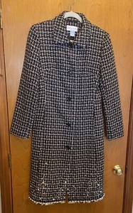 NEWPORT NEWS TWEED BLACK & WHITE DUSTER COAT W/ SEQUINS, BEADS, FAUX PEARLS. 8 - Picture 1 of 9