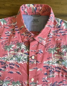 IZOD Saltwater Hawaiian Shirt Mens Pink Tropical Palm Tree Button Down Size L - Picture 1 of 10