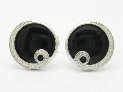 Gemelos de platino de plata esterlina con zafiro blanco y ónix negro halo redondo regalo Foto 1 de 4