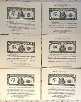 BEP ANA  6 Numismatic Souvenir Cards 1977 Conv. Atlanta, GA $5 Indian W/Env EXC - Image 1 of 4