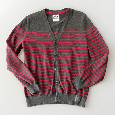 Express Striped Cardigan Sweater Mens S Gray Red Preppy Knit Ivy League Casual - Image 1 of 4