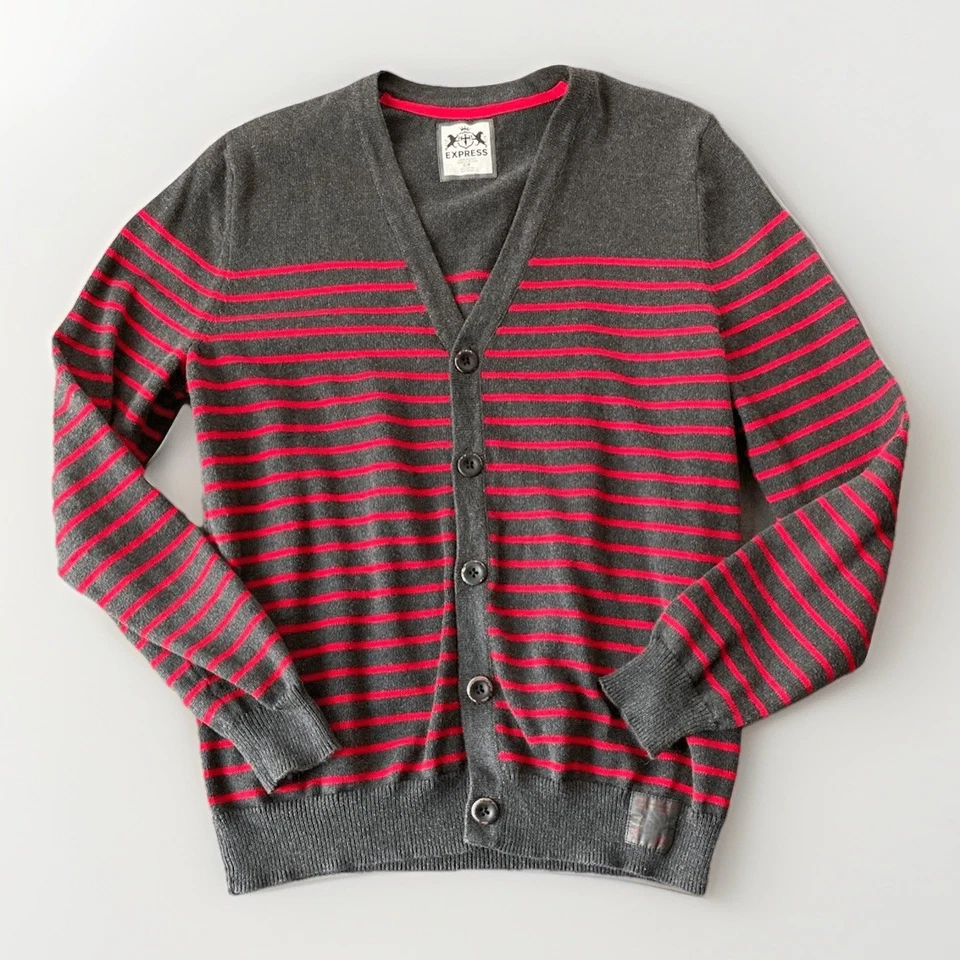 Express Striped Cardigan Sweater Mens S Gray Red Preppy Knit Ivy League Casual - Image 1 of 4